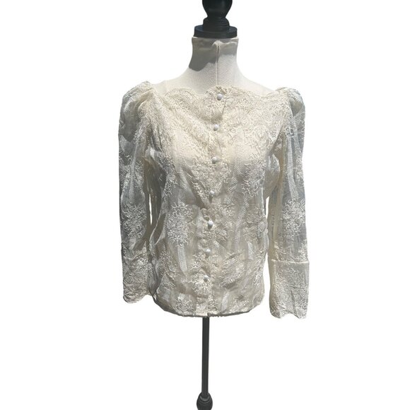 Vintage Chicwish Womens Ivory Lace Blouse Sheer Sleeves & Floral Embellished Sm - Picture 2 of 8
